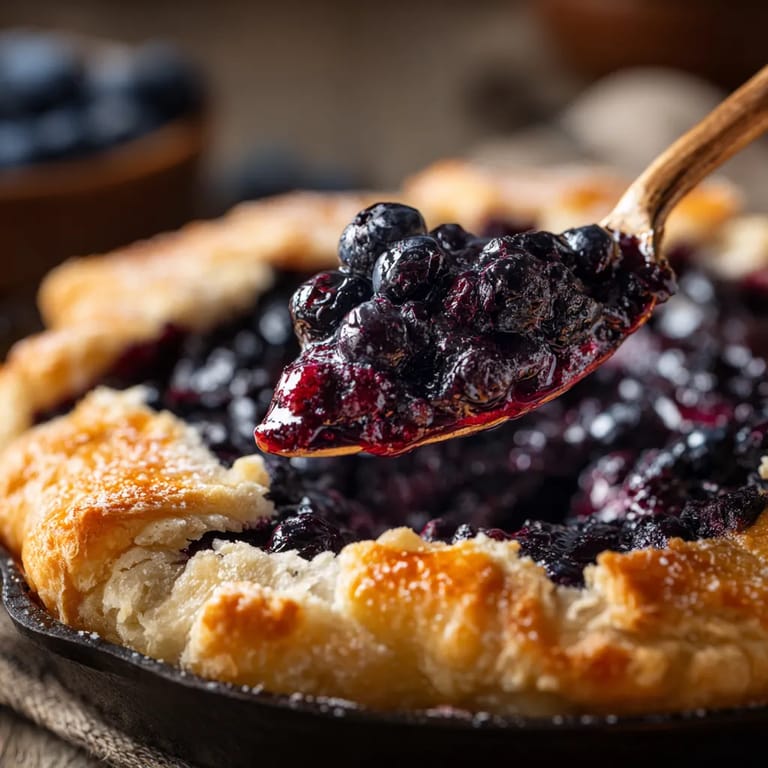 Ein Stück Blueberry Galette wird mit einem Löffel gestochen.