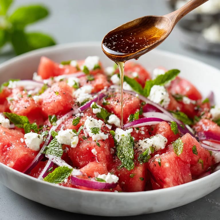 Ein weißer Salat in einem weißen Becher, der mit Feta-Käse, Mint und Watermelon zubereitet wurde.