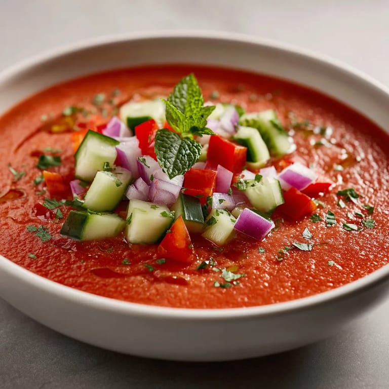 Ein weißer Teller mit einer Mischung aus Tomaten, Zwiebeln, Knoblauch und Basilikum.