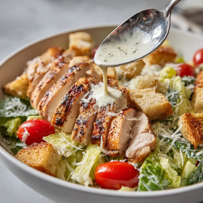 Ein Grilled Chicken Caesar Salat in einem weißen Teller.