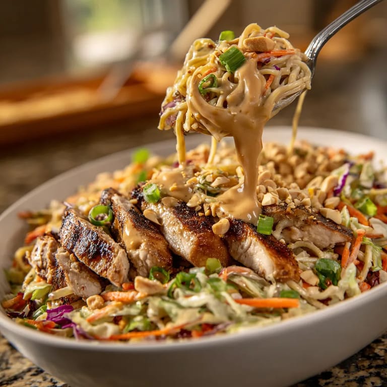 Ein großes, weißes Becken mit einer Mischung aus Nudelsalat und grilled Chicken.