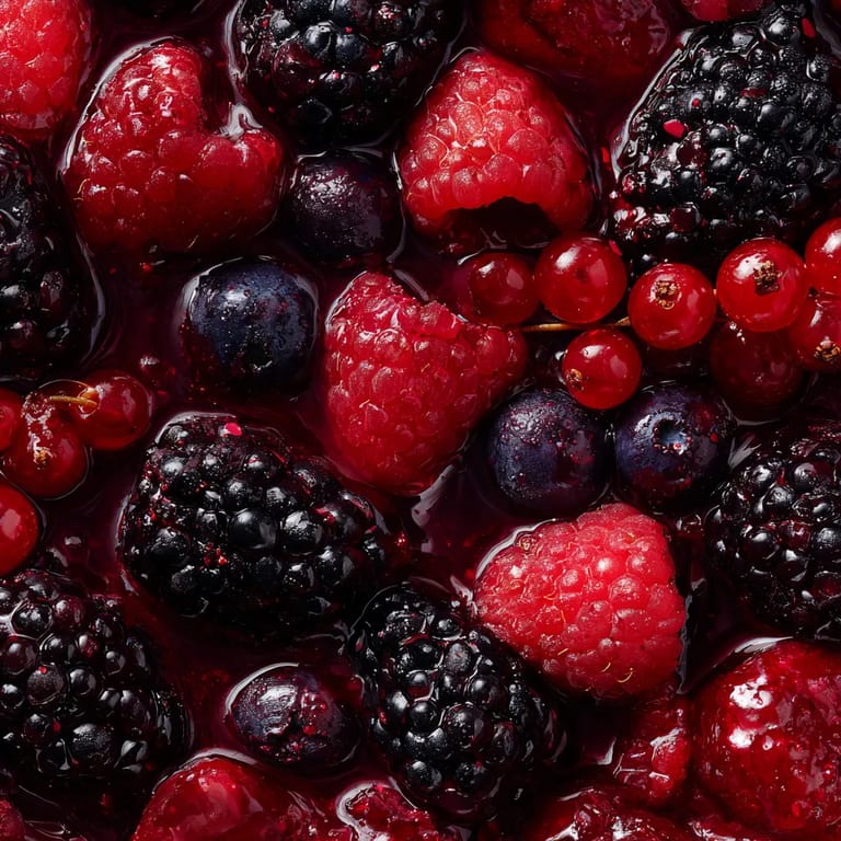 Rote Grütze mit Baies Fraîches und Vanille-Sauce.