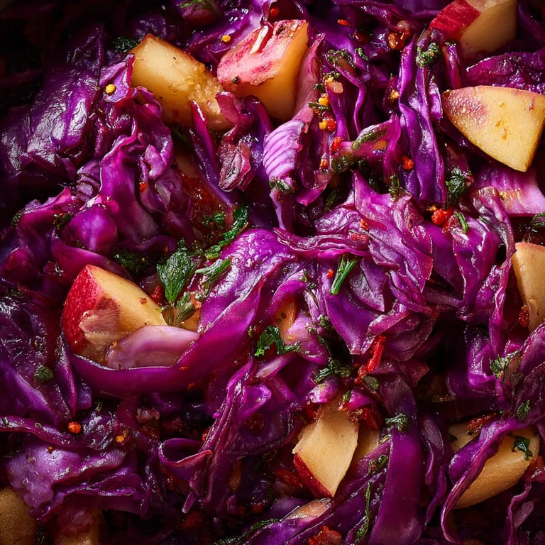 Ein Bild von einer Beilage aus Chou Rouge Braisé und Pommes.