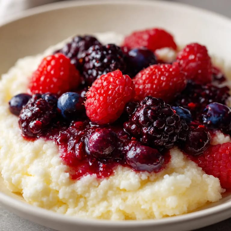 Eine Schüssel mit frischem Obst, darunter Raspberries, Blaubeeren und andere Früchte, die in einer cremigen Masse liegen.