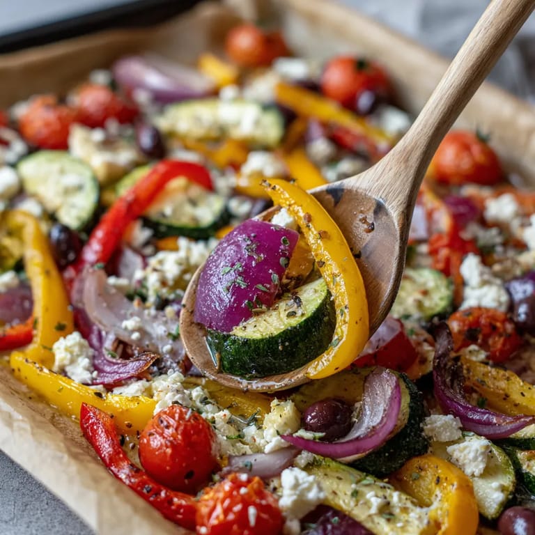 Ein Kunterbuntes Ofenblech mit einer Vielzahl von Gemüse, darunter Tomaten, Zucchini, Paprika, Peperoni, Zwiebeln und Oliven.