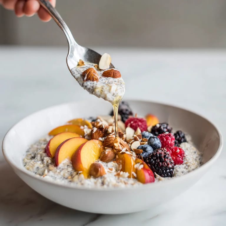 Ein weißer Becher mit Haferflocken und Nüssen.