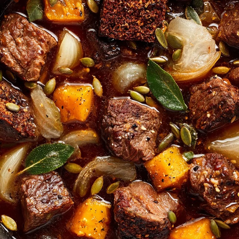 Ein Bild von einer Pfefferpotthast Deluxe mit Pumpernickel, die mit verschiedenen Zutaten wie Pumpfleisch, Pumpernickel, Zwiebeln, Koriander und Pfeffersamen zubereitet wurde.