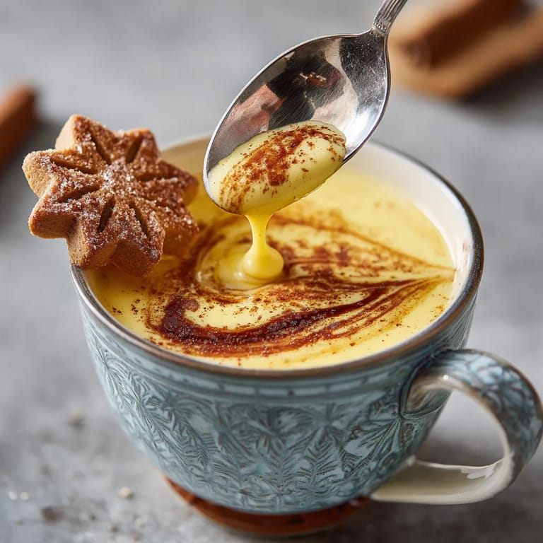 Ein Glas mit Eierpunsch, der mit einer Eierschale und einem Espresso-Twist garniert wird.