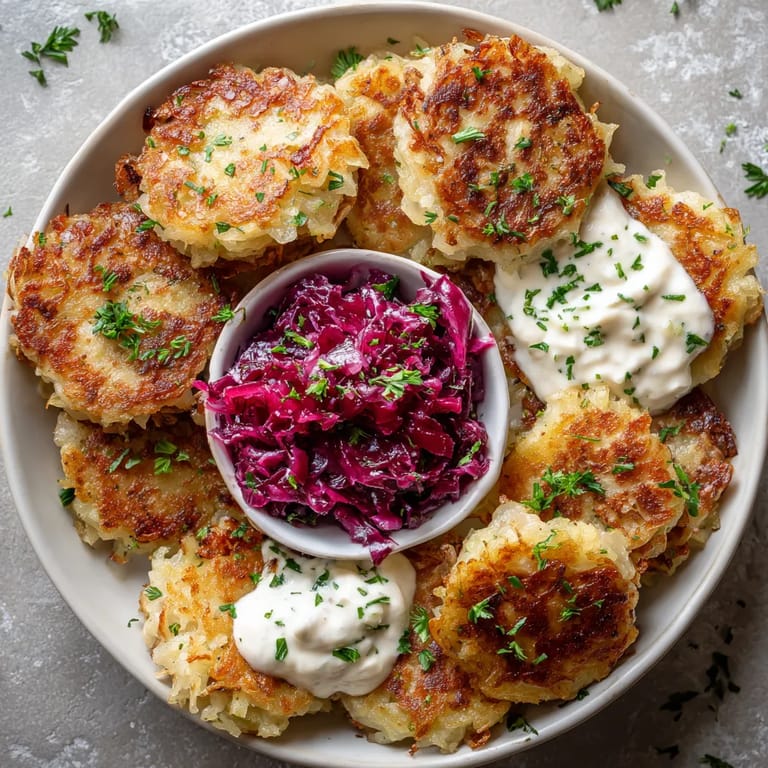 Ein weißer Teller mit Kartoffel-Puffers und Sauerkraut-Dip.