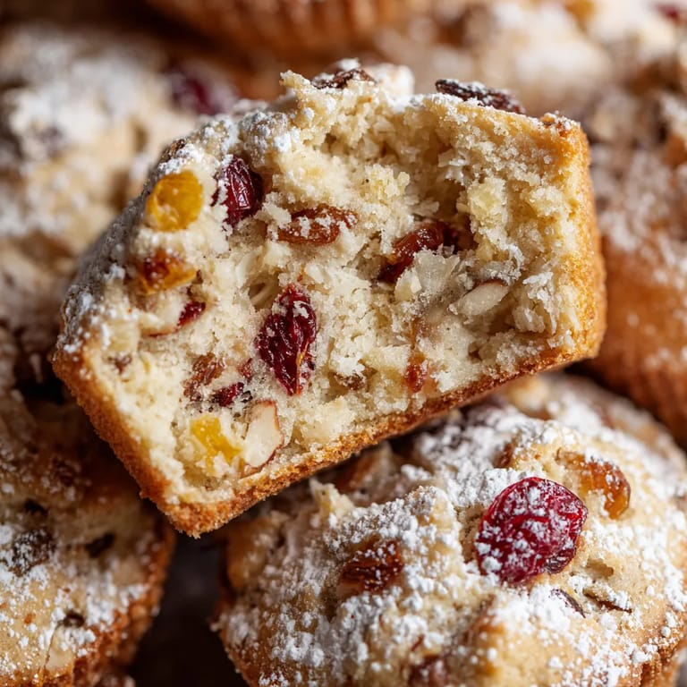 Ein Bild von Mini-Stollen-Muffins mit Marzipan-Kernen, die in einer Schüssel auf einem Tisch liegen.