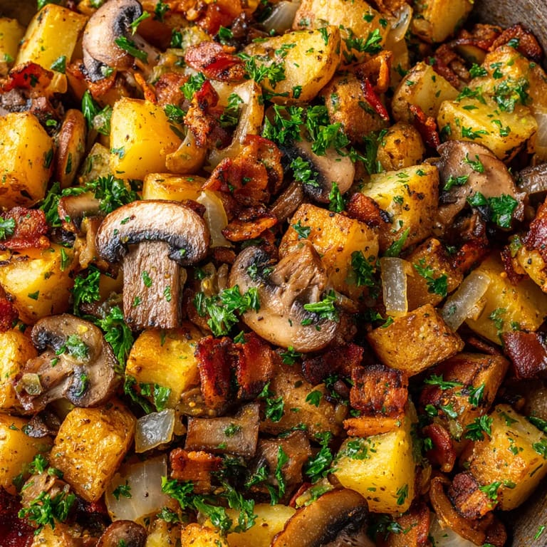 Eine Schnelle Kartoffel-Pilz-Pfanne mit Speck, die mit verschiedenen Zutaten wie Mushrooms, Potatoes, Bacon, Parsley und Onions zubereitet wurde.