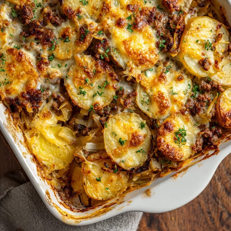 Ein Schälchen mit Sauerkraut-Kartoffel-Gratin und Hackfleisch.