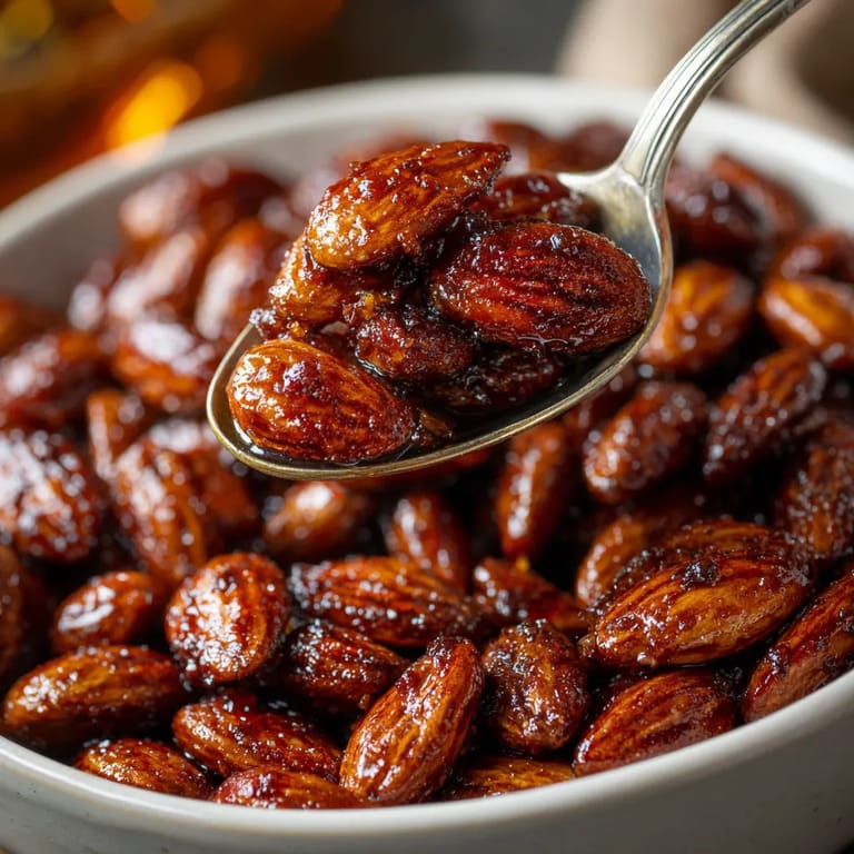 Ein weißer Teller mit gebrannten Mandeln, die in einem Glase mit Mandelsocker gegeben werden.