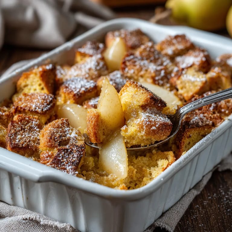 Ein weißer Teller mit Ofenschlupfer, Birnen und Lebkuchengewürz.