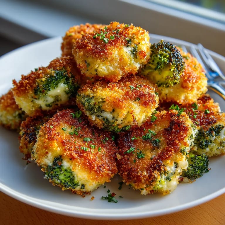 Ein weißer Teller mit knusprigen Brokkoli-Käse-Nuggets darauf.