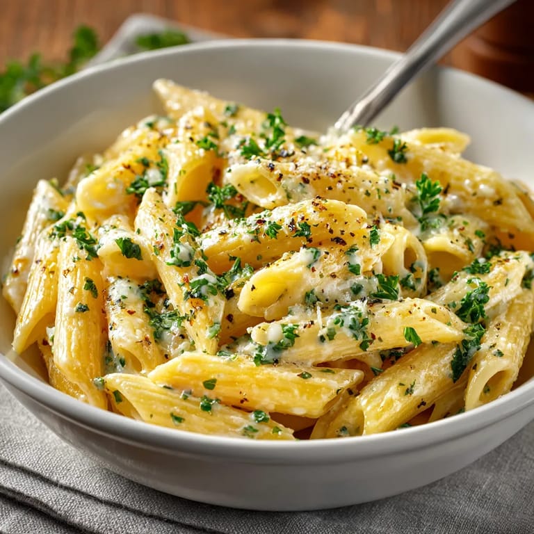 Ein weißer Teller mit Pasta, Knoblauch und Käse.