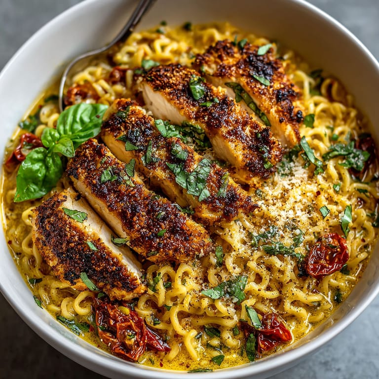 A bowl of chicken ramen with noodles and vegetables.