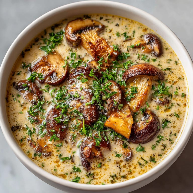 A bowl of soup with mushrooms and herbs.