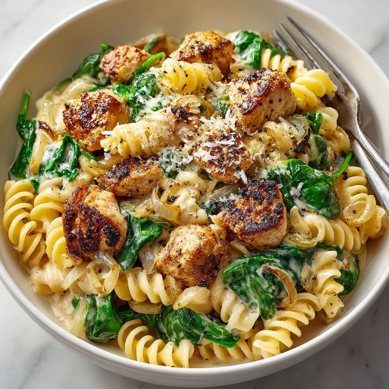 A bowl of pasta with chicken and spinach.
