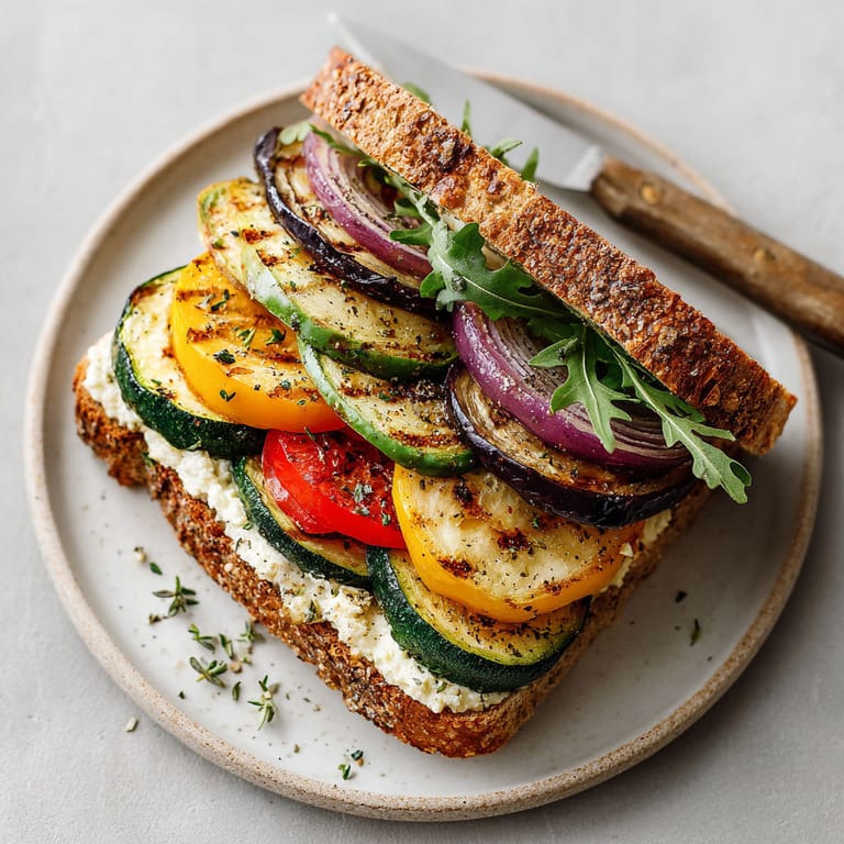 A sandwich with vegetables and hummus.