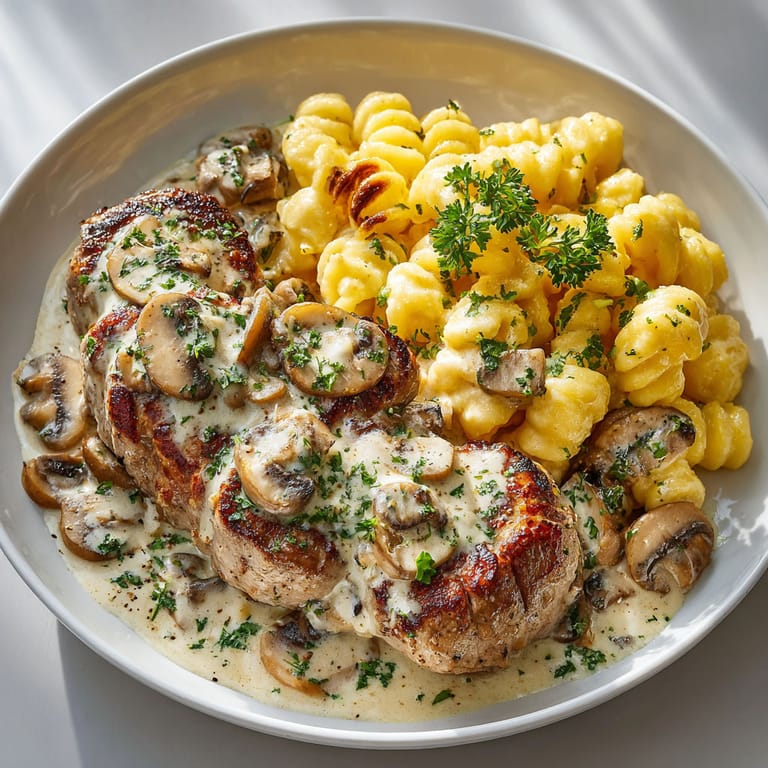 A plate of food with mushrooms, pasta, and meat.