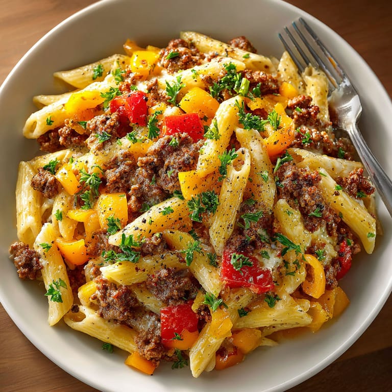 A plate of pasta with meat and vegetables.