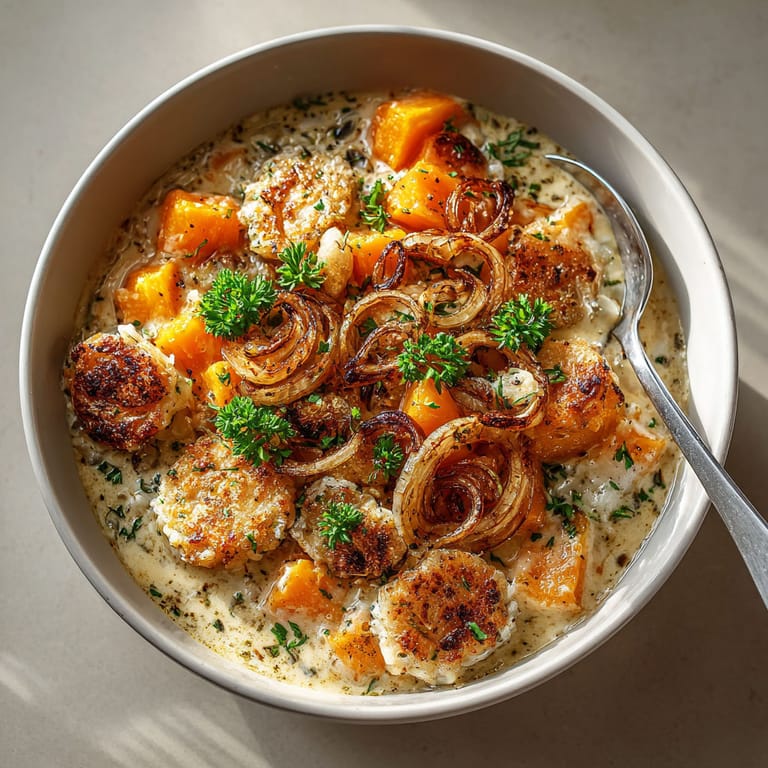 A bowl of food with onions and carrots.