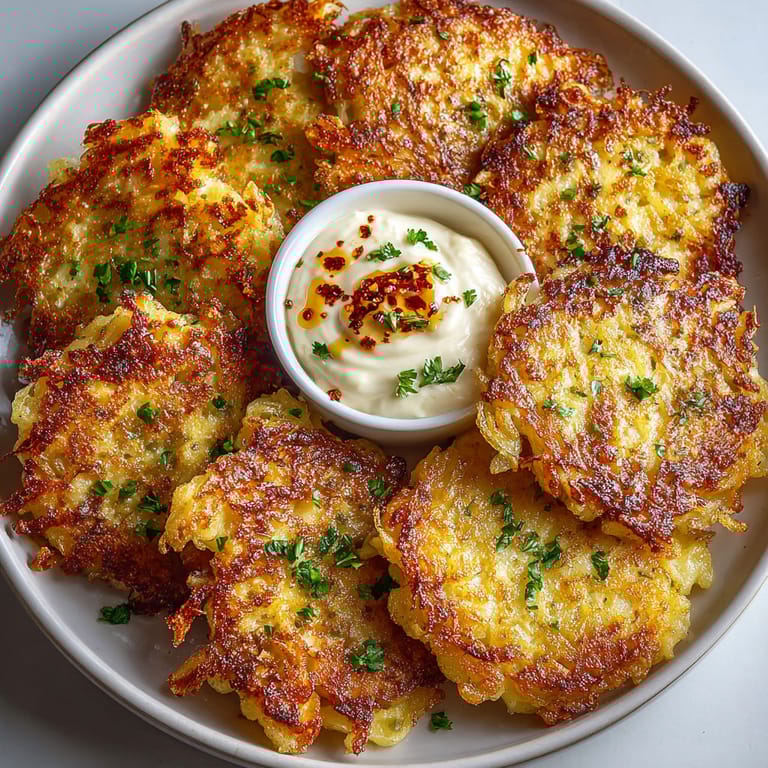 A stack of fried potatoes with a dollop of apple dip and chili honey.