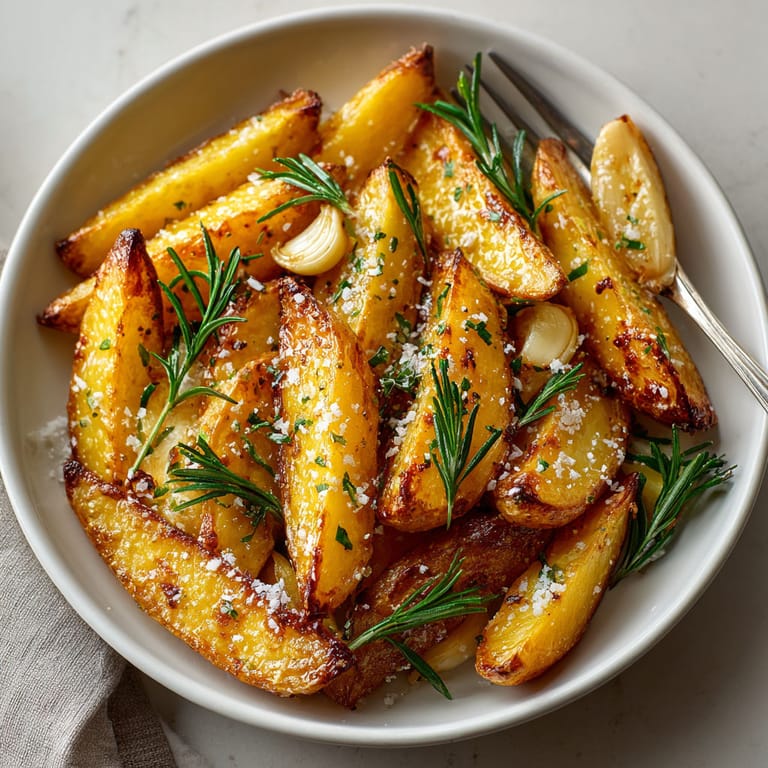 A bowl of fries with garlic and parsley.