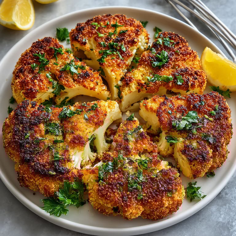 A plate of cauliflower steaks with herbs and spices.