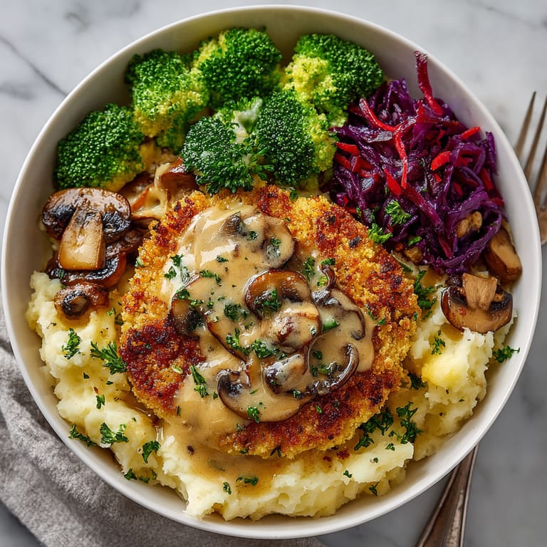 A bowl of food with broccoli, mushrooms, and meat.
