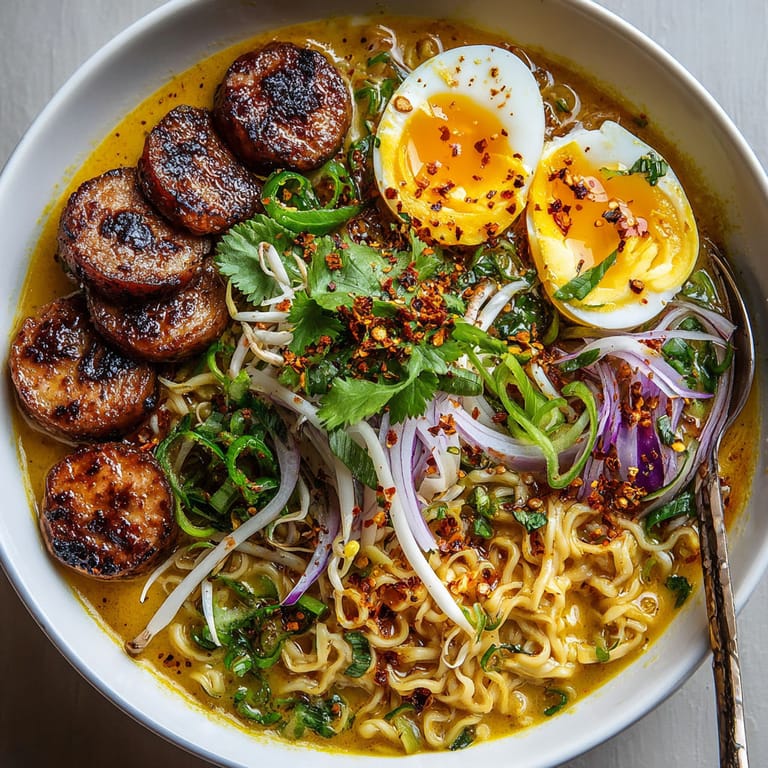A bowl of noodles with eggs, sausage, and onions.