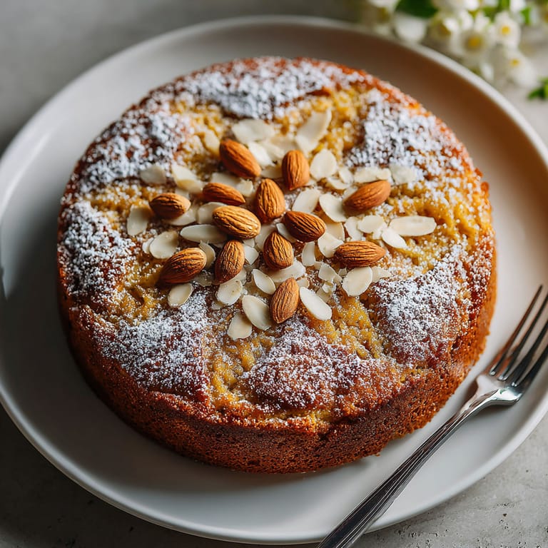 A slice of cake with almonds on top.