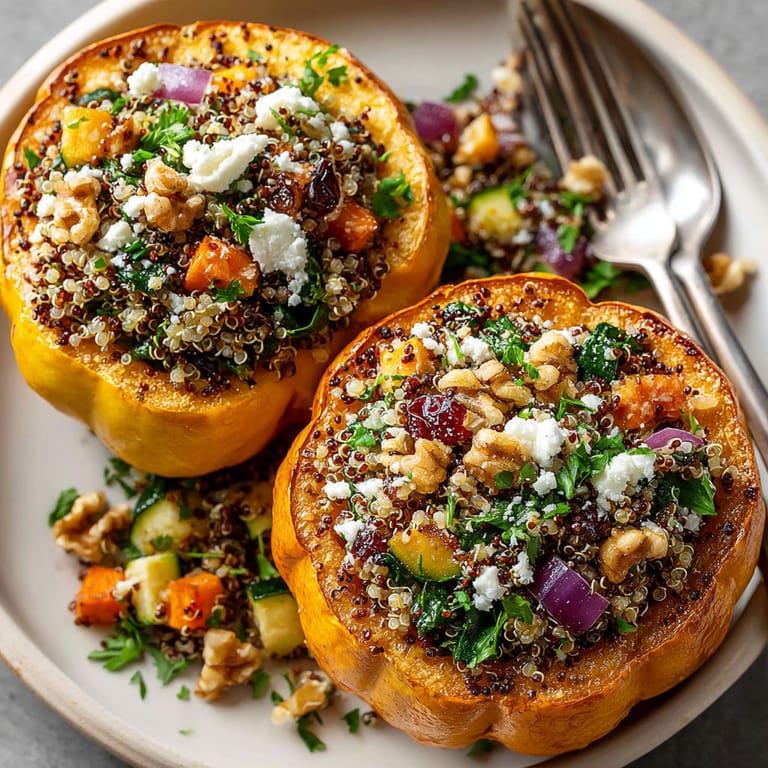 A plate of food with a stuffed pumpkin and quinoa.