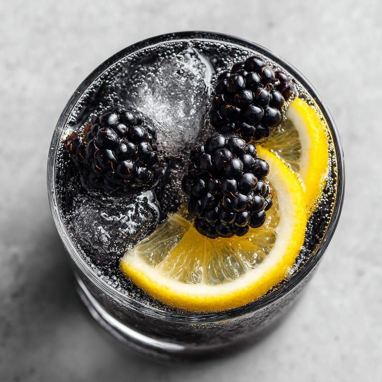 A glass of blackberry lemonade with a slice of lemon.