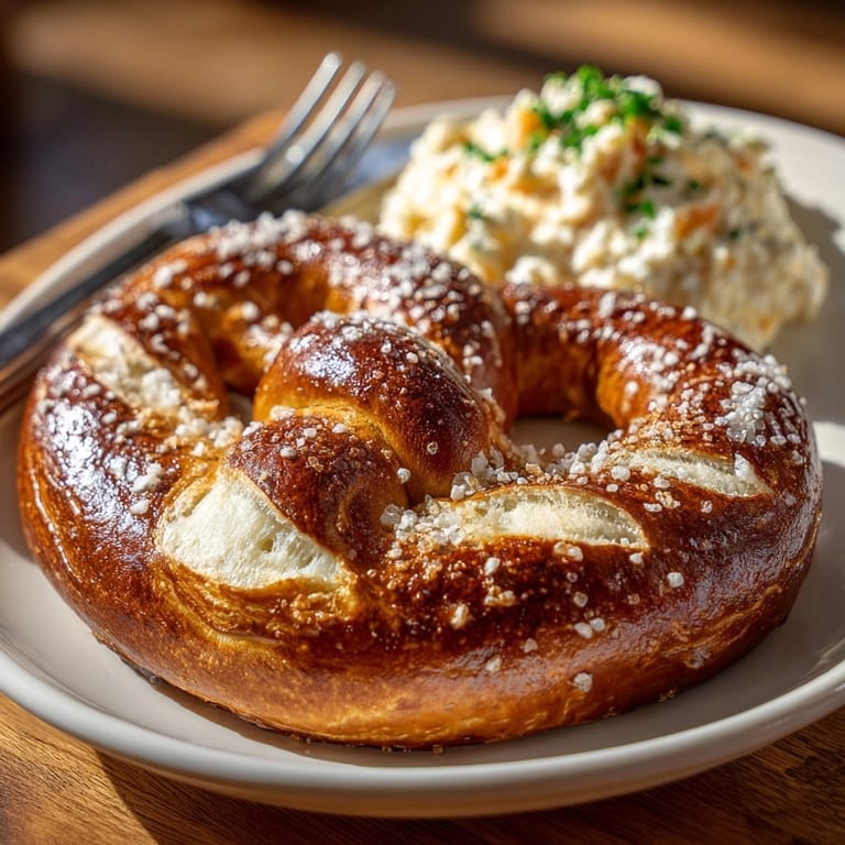 Brezn mit Obazda Rezept: Ein Foto von knusprigen Brezeln mit leuchtend roter Obazda-Käsecreme, perfekt zum Dippen.