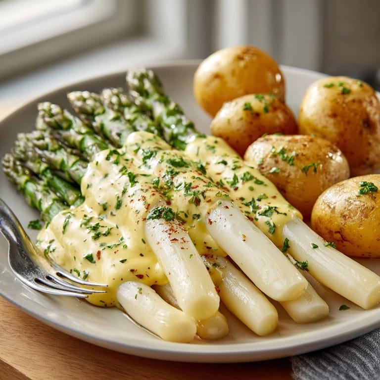 Genießen Sie dieses klassische Spargel mit neuen Kartoffeln-Rezept, mit cremiger Sauce Hollandaise übergossen.