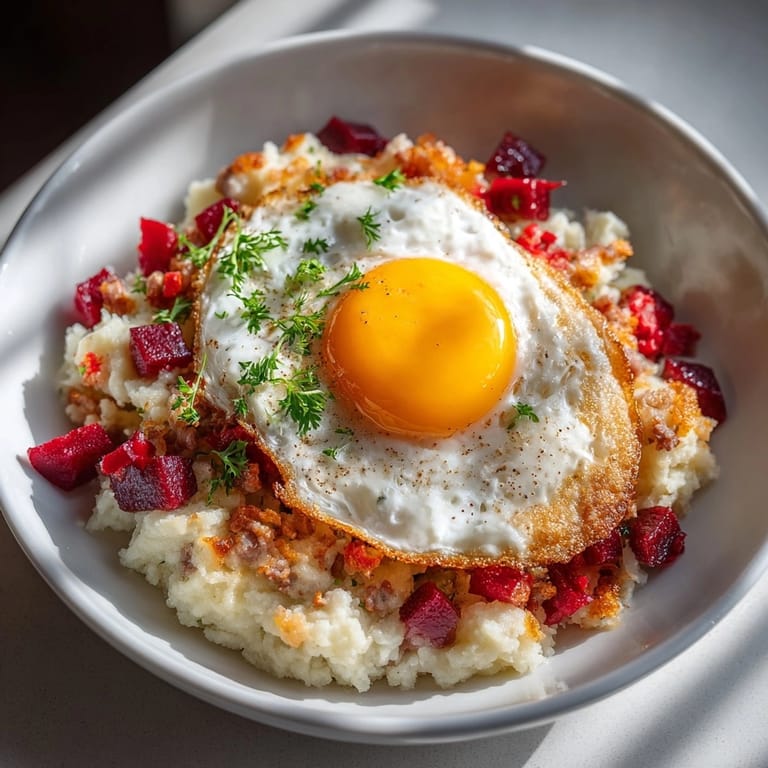 Detailliertes Labskaus Foto: Deftiges Labskaus, ein norddeutsches Seefahrerrezept mit Spiegelei, Rollmops und eingelegten Gurken.