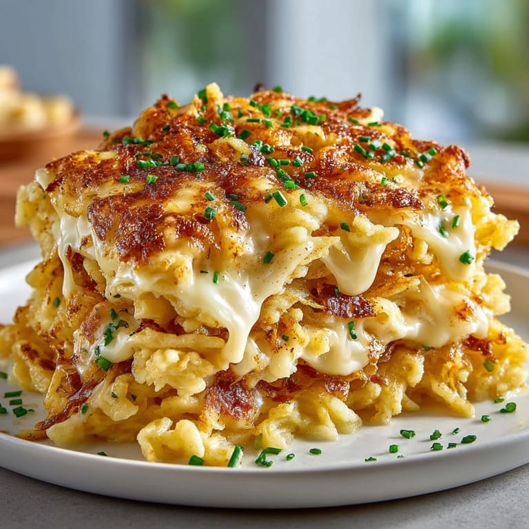 Homemade Käsespätzle: Close-up shows soft spätzle mixed with browned onions and creamy cheese, delicious!