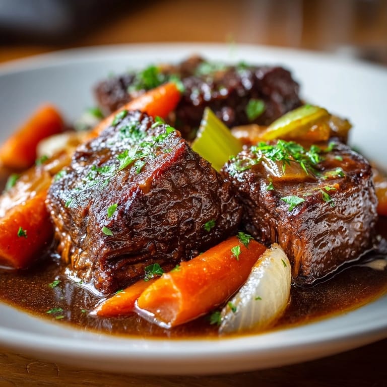 Hausgemachter Sauerbraten: Dunkelbraunes Rindfleisch, serviert mit cremiger Soße, perfekt für einen gemütlichen Sonntagsbraten.