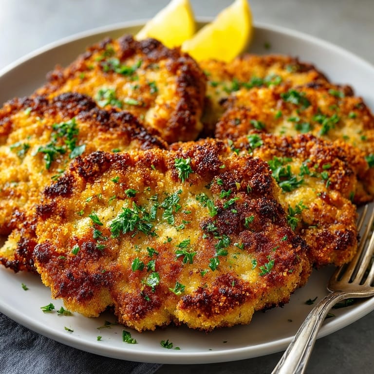 Detailliertes Bild von Ofengebackenem Schnitzel, außen knusprig, innen zart, ein herzhaftes deutsches Gericht.