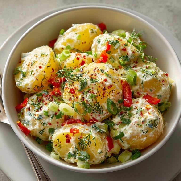 Genie&szlig;en Sie diesen Cremigen Kartoffelsalat Light: Eine herzhaft-frische amerikanische Beilage mit Gem&uuml;se und Kr&auml;utern.