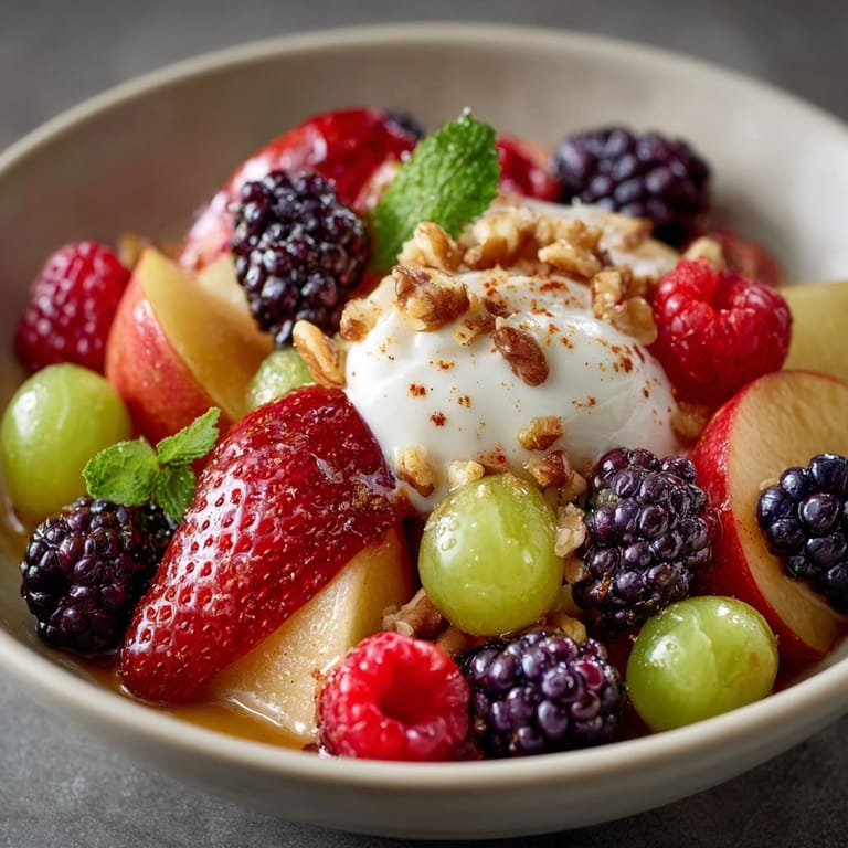 Nahaufnahme von glänzendem, warmem deutschem Obstsalat, garniert mit Nüssen, eine komfortable und einladende Speise.