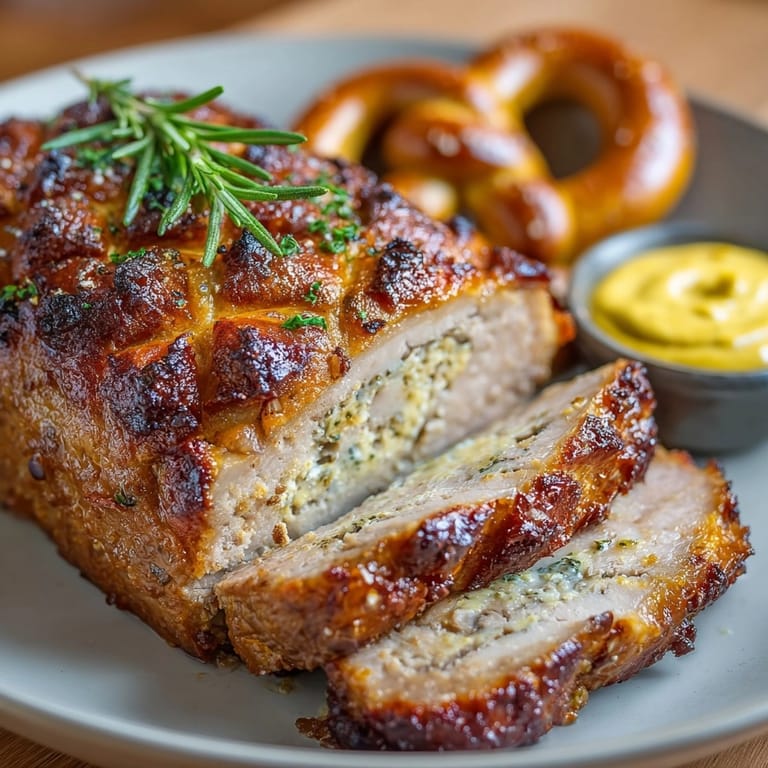 Nahaufnahme eines saftigen, gewürzten bayrischen Fleischpflanzerls, ideal mit Senf und Brezeln geniessen.