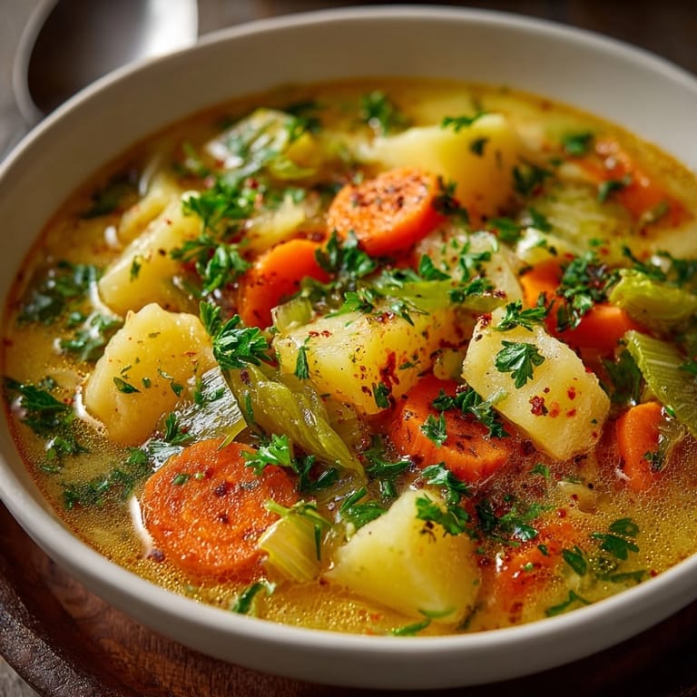 Nahaufnahme einer reichhaltigen deutschen Kartoffelsuppe, zeigt die stückige Textur; leichtes, sättigendes, vegetarisches Rezept.