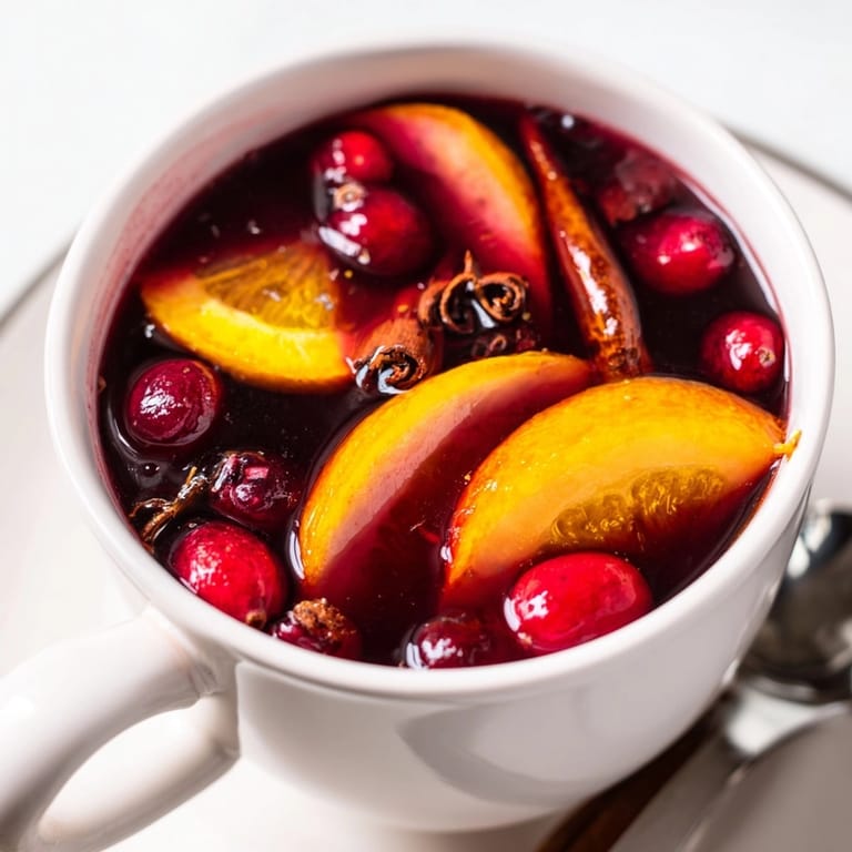 Festliche Tasse dampfender Cranberry-Glühwein-Mocktail, garniert mit frischen Preiselbeeren und warmen Gewürzen.