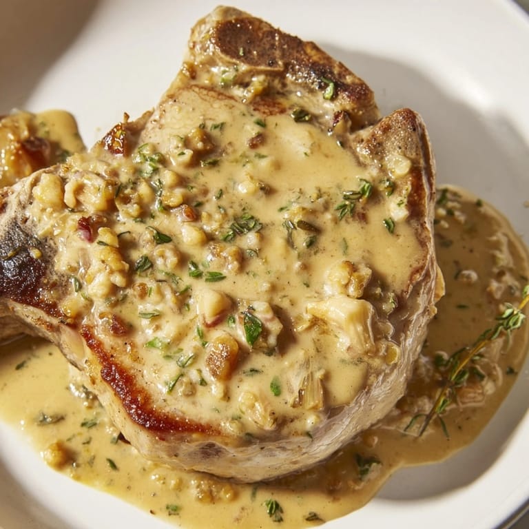 Nahaufnahme von Creamy Mustard Pork Chops, perfekt goldbraun gebraten und mit frischer Petersilie garniert.