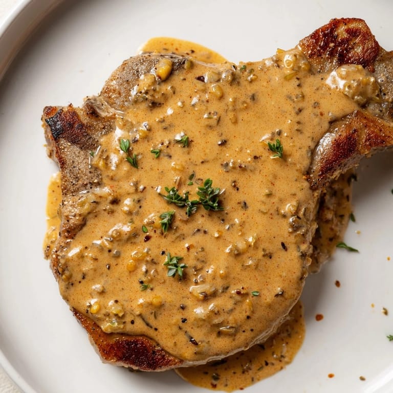 Einfaches Rezept für Creamy Mustard Pork Chops: köstliche Schweinekoteletts auf einem Bett aus Kartoffelpüree.