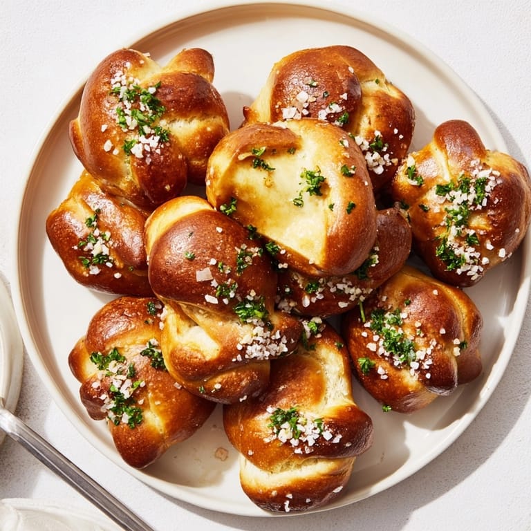 Nahaufnahme von hausgemachten Soft Pretzel Bites mit Knoblauchbutter, frisch aus dem Ofen und mit Salz bestreut.