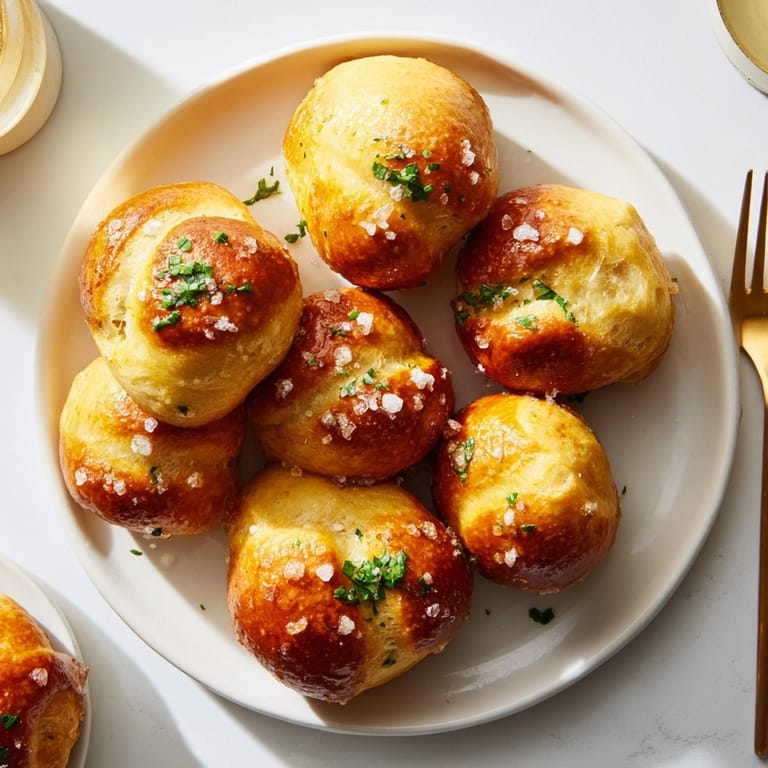 Servierfertige Soft Pretzel Bites mit Knoblauchbutter, die eine warme, einladende Aromenexplosion versprechen.